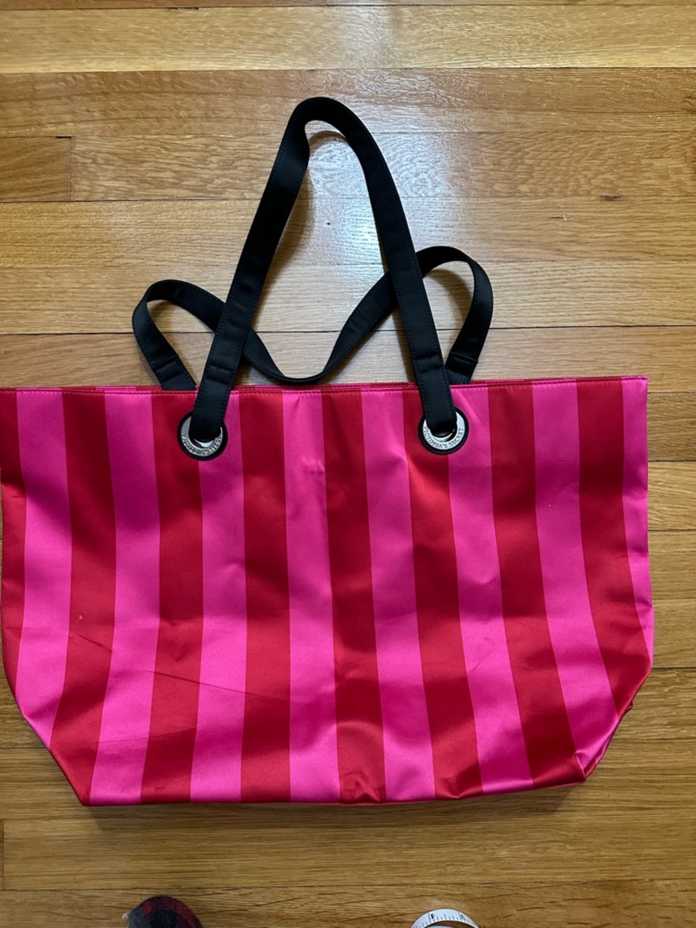 Victoria's Secret Holiday Hot Pink Striped Tote with Black Straps - Picture 3 of 3
